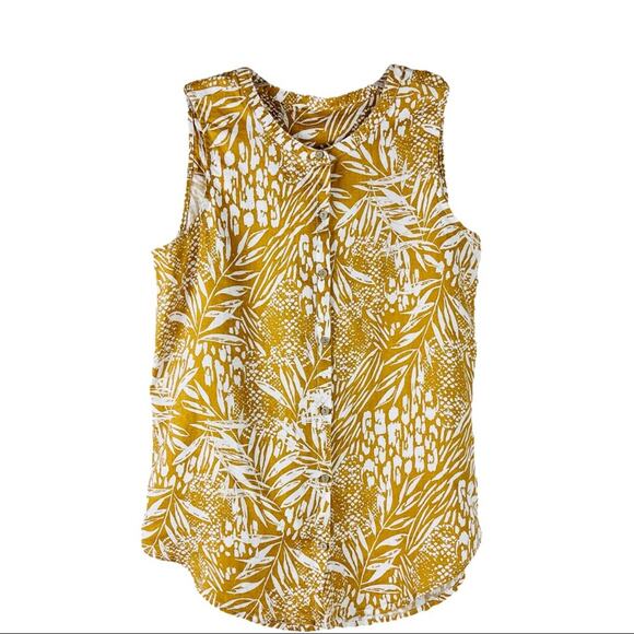 Mustard yellow white linen palm tropical beach cruise button tank top medium - Picture 1 of 6